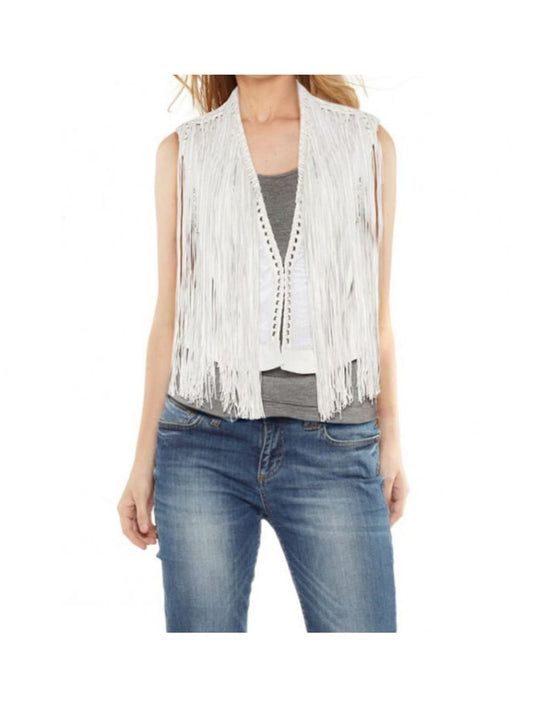 Gilet en cuir à franges blanches