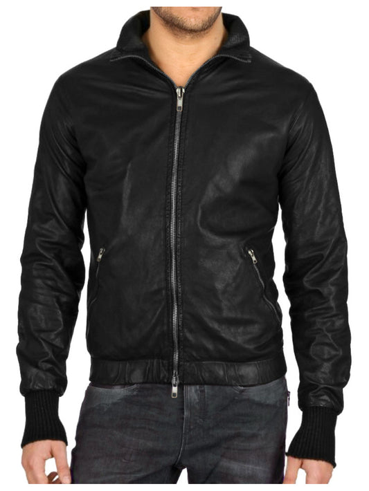 Veste en cuir de luxe avec poignets en laine