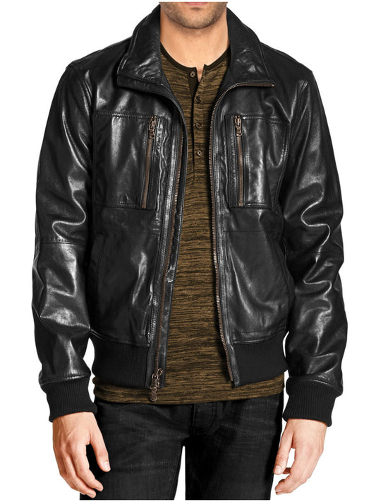 Zip Chest Pocket Leather Bomber for Men