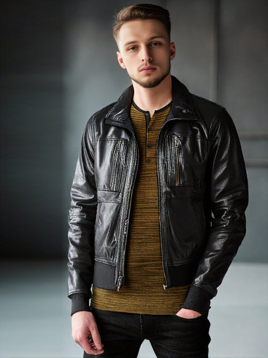 Zip Chest Pocket Leather Bomber for Men