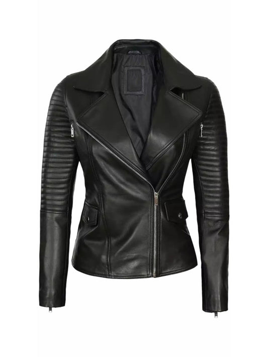 Veste motard chic en cuir avec poignets zippés