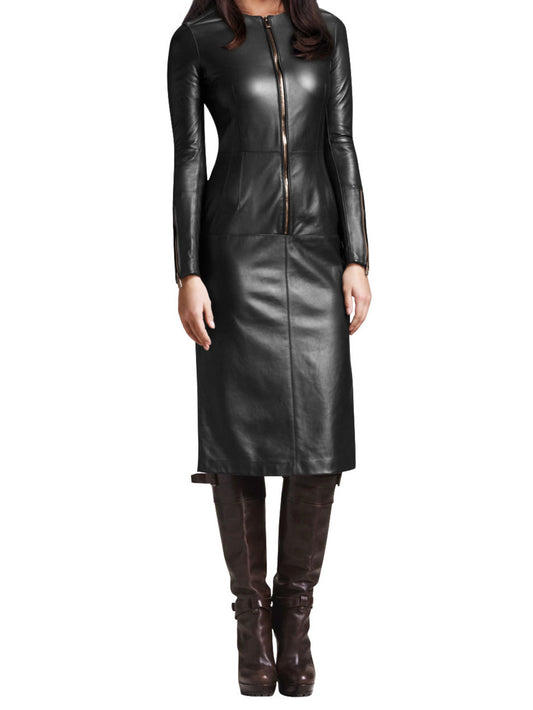 Zip-Placket Full-Length Leather Dress