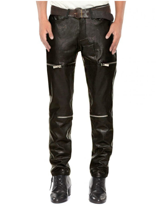 Zipper Embellished Genuine Leather Pants for Men