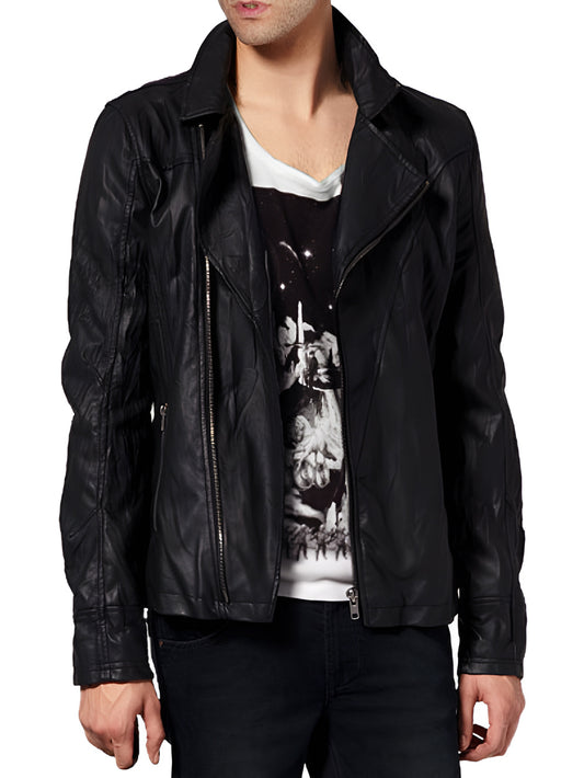 Veste de motard classique zippée en cuir véritable pour homme