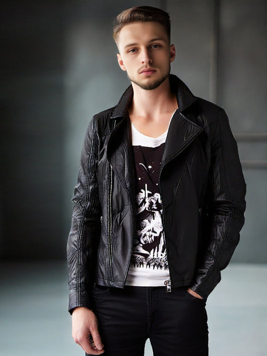 Zippered Classic Genuine Leather Biker Jacket for Men